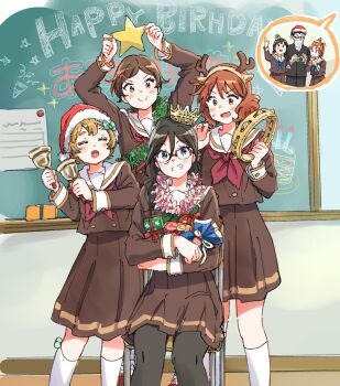 1boy 6+girls amano_shin antlers black_hair black_pantyhose blue_eyes blush bow brown_eyes brown_hair brown_serafuku chair chalkboard commentary_request crown gift glasses gotou_takuya grin hair_bow hair_ornament hairclip handbell happy_birthday hat hibike!_euphonium highres holding holding_instrument holding_tambourine horns instrument katou_hazuki kawashima_sapphire kitauji_high_school_uniform kneehighs long_hair long_sleeves multiple_girls nagase_riko nakagawa_natsuki neckerchief on_chair open_mouth oumae_kumiko pantyhose pleated_skirt red-framed_eyewear red_neckerchief reindeer_antlers sailor_collar santa_hat school_uniform serafuku short_hair sitting skirt smile socks star_(symbol) tambourine tanaka_asuka white_sailor_collar white_socks winter_uniform