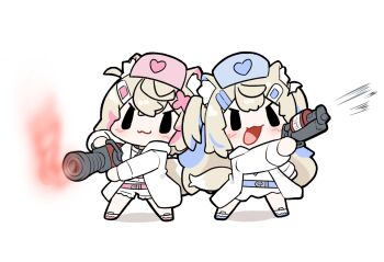 Rule 34 | 2girls, :3, :d, ahoge, animal ear fluff, animal ears, belt, black eyes, blonde hair, blue footwear, blue hair, chibi, chibi only, coat, commentary, dog ears, dog girl, dog tail, double-parted bangs, english commentary, flamethrower, fuwawa abyssgard, gun, hair ornament, hat, heart, highres, holding, holding flamethrower, holding gun, holding weapon, hololive, hololive english, hololive grand theft auto, legs apart, long hair, long sleeves, midriff peek, mococo abyssgard, multicolored hair, multiple girls, no pupils, nurse cap, open mouth, pink hair, pink shoes, shadow, shoes, shorts, siblings, simple background, sisters, smile, snowmya, standing, tail, team fortress 2, two-tone hair, v-shaped eyebrows, virtual youtuber, weapon, white background, white coat, white shorts, white sleeves, x hair ornament