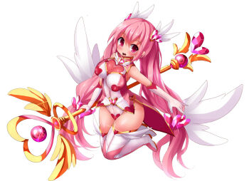 1girl bad_id bad_pixiv_id bare_shoulders boots breasts female_focus gloves holding holding_staff large_breasts leotard long_hair magical_girl nagai_wataru open_mouth original pink_hair smile solo staff thigh_boots thighhighs twintails