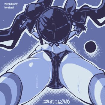 1girl ass ass_focus backbeako_(torotei) backbeard bikini blue_background commentary dated dated_commentary from_behind gegege_no_kitarou hair_ribbon horizontal-striped_thighhighs kono_lolicon_domome loli long_hair lying monochrome on_stomach original paid_reward_available pointy_ears ribbon simple_background skindentation solo sweat swimsuit thighhighs torotei translated twintails watermark web_address