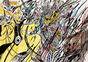 Rule 34 | 2boys, absurdres, aura, colored skin, commentary request, crossover, energy, extra mouth, facial mark, forehead protector, glowing, highres, igomaru, kamen rider, kamen rider gavv (series), konohagakure symbol, lango stomach, male focus, misplaced mouth, monster boy, multicolored nails, multiple boys, naruto (series), naruto shippuuden, open mouth, rasengan, red eyes, short hair, spiked hair, stomach mouth, tokusatsu, uzumaki naruto, uzumaki naruto (kurama mode), uzumaki symbol, whisker markings, yellow skin