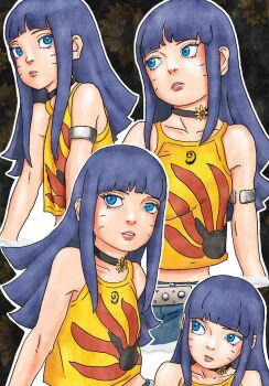 1girl armband artbyolvr bare_shoulders belt blue_eyes blue_hair boruto:_naruto_next_generations choker collarbone commentary crop_top english_commentary eyelashes facial_mark flat_chest flower highres long_hair multiple_views naruto_(series) outline shirt simple_background sleeveless teeth uzumaki_himawari whisker_markings white_outline yellow_shirt