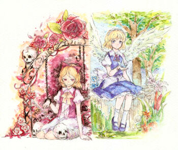 2girls :o apron ascot bench blonde_hair blue_eyes blue_flower blue_rose bow cattail chain cuffs demon_wings flower gengetsu_(touhou) graphite_(medium) hair_bow highres ice lily_(flower) looking_at_viewer maboroshi_yume_kai_no_furawa_masuta maid_headdress mary_janes mugetsu_(touhou) multiple_girls open_clothes open_hand open_vest outdoors painting_(medium) plant puffy_short_sleeves puffy_sleeves red_bow red_eyes red_flower red_rose restrained rose shackles shoes short_sleeves siblings sisters sitting skirt skirt_set skull smile socks split_screen touhou touhou_(pc-98) traditional_media tree trellis vest waist_apron watercolor_(medium) wings yokozuwari yorktown_cv-5