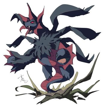 Rule 34 | black sclera, blue skin, colored sclera, colored skin, commentary request, dragon, dragon tail, fangs, floating, full body, gen 5 pokemon, highres, hydra, hydreigon, multiple heads, nintendo, no humans, open mouth, pokemon, pokemon (creature), pokemon focus, red eyes, simple background, supiraji penpen, tail, teeth, white background, wings