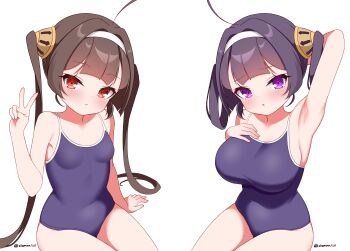 2girls absurdres ahoge arm_behind_head armpits azur_lane black_hair blue_one-piece_swimsuit breasts competition_school_swimsuit cowboy_shot hairband hand_on_own_chest highres large_breasts multiple_girls ning_hai_(azur_lane) one-piece_swimsuit ping_hai_(azur_lane) purple_eyes red_eyes school_swimsuit sitting slumpa small_breasts swimsuit twitter_username v white_hairband