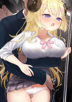 1girl 3boys :o @_@ absurdres animal_ears blonde_hair blush bow bow_panties bowtie breasts censored curled_horns hair_ornament hairclip heart heart_hair_ornament highres hololive horns hug hug_from_behind large_breasts long_hair long_sidelocks molestation mosaic_censoring multiple_boys official_alternate_costume open_mouth panties penis pink_bow pink_bowtie plaid_clothes plaid_skirt purple_eyes sheep_girl sheep_horns shirt sidelocks skirt somari_(somari_cat) thigh_sex tsunomaki_watame tsunomaki_watame_(school_uniform) twitching underwear virtual_youtuber white_panties white_shirt x_hair_ornament