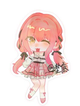 Rule 34 | 1girl, aaapilaobanpifagaojie, ankle socks, artist name, bare shoulders, belt, black belt, black bow, black ribbon, blush, bow, bra strap, brown eyes, buttons, chibi, cross-laced clothes, cross-laced legwear, dot nose, eyelashes, frilled shirt, frilled skirt, frilled sleeves, frills, hair between eyes, hair bow, hair intakes, hair ribbon, hand on own shoulder, happy, high-waist skirt, highres, infinity nikki, jewelry, knees, layered skirt, long hair, long sidelocks, long sleeves, low twintails, miniskirt, necklace, nikki (nikki), nikki (series), off-shoulder shirt, off shoulder, one eye closed, open mouth, outline, perfect start (infinity nikki), pink hair, pink ribbon, pink shoes, pink skirt, pleated skirt, print skirt, puffy long sleeves, puffy sleeves, ribbon, ribbon legwear, shirt, shoes, sidelocks, simple background, skirt, sleeves past wrists, smile, socks, solo, standing, star (symbol), star necklace, star print, tress ribbon, twintails, very long hair, wavy hair, white background, white outline, white shirt, white skirt, white socks