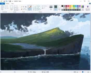 art_program_in_frame christian_young cliff cloud cloudy_sky commentary horizon landscape microsoft_paint_(medium) microsoft_paint_(software) mountainous_horizon no_humans ocean original outdoors painterly river scenery screencap sky water