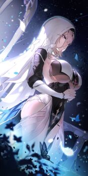 1girl absurdres aponia black_dress blue_butterfly breasts brown_hair bug butterfly caisena chinese_commentary commentary_request dress grey_eyes hair_between_eyes highres honkai_(series) honkai_impact_3rd insect large_breasts long_bangs long_hair long_hair_between_eyes nun nun_headdress own_hands_clasped own_hands_together pelvic_curtain praying solo veil