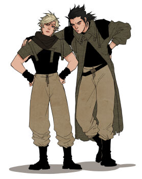 Rule 34 | 2boys, arm around shoulder, belt, black belt, black boots, black gloves, black hair, black scarf, black shirt, blonde hair, boots, brown pantyhose, cloud strife, coat, cocked eyebrow, cross scar, facial scar, final fantasy, final fantasy vii, fingerless gloves, frown, full body, furrowed brow, gloves, grey coat, hair between eyes, hands on own hips, highres, kaciart, low ponytail, male focus, medium hair, multiple boys, pantyhose, parted lips, ponytail, scar, scar on cheek, scar on face, scarf, shirt, short hair, sideburns, spiked hair, white background, zack fair