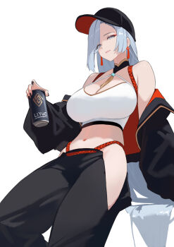 Rule 34 | 1girl, alternate costume, bare shoulders, baseball cap, black jacket, black nails, breasts, can, commentary request, cowboy shot, earrings, eyeliner, genshin impact, geo symbol (genshin impact), grey eyes, grey hair, hair over one eye, hat, highres, jacket, jewelry, large breasts, leaning back, long bangs, long hair, looking at viewer, makeup, midriff, navel, neck tassel, off shoulder, open clothes, open jacket, red eyeliner, red rope, rope, shenhe (genshin impact), simple background, sitting, solo, sports bra, stomach, tassel, tassel earrings, very long hair, white background, white sports bra, yumeto (ym-1)