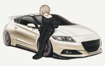 1girl absurdres black_leggings black_pants black_shoes black_sweater blonde_hair bokuya car highres honda honda_cr-z leaning_back leggings motor_vehicle original pants shoes short_hair simple_background sleeves_past_fingers sleeves_past_wrists sneakers solo standing sweater white_background white_car