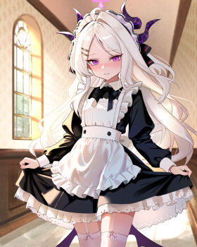 1girl absurdres alternate_costume apron black_dress black_ribbon blue_archive blush closed_mouth demon_girl demon_horns demon_wings dress enmaided forehead garter_straps hair_ribbon highres hina_(blue_archive) horns long_hair looking_at_viewer maid maid_apron maid_headdress purple_eyes ribbon sidelocks skirt_hold thighhighs white_apron white_headdress white_thighhighs wings yuuca