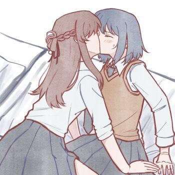 2girls black_necktie black_skirt blue_hair blush braid brown_hair brown_sweater_vest closed_eyes collared_shirt commentary half_up_braid hashtag-only_commentary highres kiss long_hair medium_hair miyagi_shiori multiple_girls necktie pleated_skirt school_uniform sendai_hazuki shirt shuuniichido_classmate_wo_kau_hanashi simple_background skirt sweat sweater_vest tomatosaradu white_background white_shirt yuri