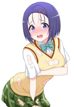 1girl aqua_bow aqua_bowtie arm_under_breasts blue_hair blush bow bowtie breasts cleavage collared_shirt commentary_request covering_crotch covering_privates cowboy_shot embarrassed exploding_clothes forehead furrowed_brow green_skirt hair_ornament hairclip highres large_breasts leaning_forward looking_at_viewer medium_hair miniskirt nose_blush open_mouth parallel_hairclips parted_bangs plaid_clothes plaid_skirt pleated_skirt purple_eyes purple_pupils sainan_high_school_uniform sairenji_haruna school_uniform shirt short_sleeves simple_background skirt solo straight_hair sweater_vest tareme to_love-ru torn_clothes wavy_mouth white_background white_shirt yamichi_(yamichi8369) yellow_sweater_vest