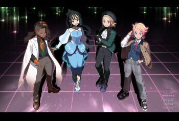 2boys 2girls :d absurdres ahoge alternate_costume ascot black_hair black_pants black_shoes blonde_hair blue_eyes blue_vest brown_jacket coat collarbone collared_shirt commentary_request green_jacket grey_pants hand_in_pocket hat highres jacket letterboxed lida_(pokemon) long_hair multiple_boys multiple_girls naveen_(pokemon) nintendo open_clothes open_coat open_jacket open_mouth pants pokemon pokemon_legends:_z-a shirt shoes smile standing taunie_(pokemon) tile_floor tiles urbain_(pokemon) vest watermark white_ascot white_coat white_shirt yasumi-sensei