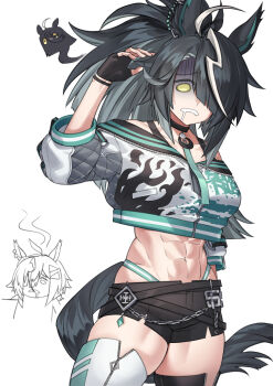 3girls abs absurdres ahoge animal_ears arm_at_side arm_up big_hair black_choker black_gloves black_hair black_shorts bra_strap breasts chibi chibi_inset choker colored_inner_animal_ears contrapposto cowboy_shot cropped_jacket drinking_straw drinking_straw_in_mouth empty_eyes exhausted fang fingerless_gloves fukuro_(maruaru00) ghost giving_up_the_ghost gloom_(expression) gloves grey_hair groin_tendon hair_ornament hair_over_one_eye hairclip highres horse_ears horse_girl horse_tail jacket large_breasts legs_apart long_sleeves looking_down manhattan_cafe_(umamusume) midriff multicolored_hair multiple_girls navel one_eye_covered open_mouth original panty_straps parted_bangs partially_unzipped personification raised_inner_eyebrows real_life ringed_eyes rulership_(umamusume) short_shorts shorts simple_background skin_fang skindentation solo_focus soul_rush_(racehorse) stomach tail taut_jacket thighhighs thighs toned toned_female umamusume umamusume_horse_relations white_hair yellow_eyes zipper zipper_pull_tab