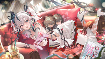 1girl asymmetrical_clothes black_eyes black_flower black_ribbon blake_bloom_(wuthering_waves) bud camellya_(wuthering_waves) character_doll clothing_cutout collar controller copyright_notice couch doll dress earrings female_rover_(wuthering_waves) flower flower_on_chest game_controller gold_earrings hair_between_eyes hair_flower hair_ornament hair_ribbon hair_vines highres holding holding_controller holding_game_controller indoors jewelry kuuus logo looking_at_viewer male_rover_(wuthering_waves) missing_commentary navel official_art on_couch open_mouth pants red_flower red_pupils red_ribbon ribbon rover_(wuthering_waves) short_hair short_twintails sideless_dress single_pantsleg smile solo stomach_cutout tacet_mark_(wuthering_waves) twintails white_collar white_dress white_hair white_pants wuthering_waves