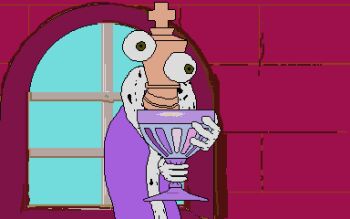 1boy animated animated_gif chalice chess_piece cup disembodied_hand fur-trimmed_robe fur_trim green_eyes king_(chess) kinger_(the_amazing_digital_circus) looking_at_viewer male_focus malueion nintendo pixel_art robe solo the_amazing_digital_circus the_legend_of_zelda the_legend_of_zelda_(cd-i) window zelda:_the_wand_of_gamelon