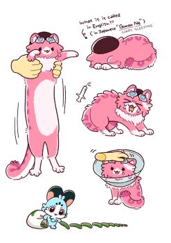 &gt;_&lt; 1girl :3 absurdres bag beret cat_loaf chattino_(raora_panthera) commentary cucumber english_commentary goggles hat highres hololive hololive_english longcat_(meme) meme mochigome_(h0_pj) open_mouth pet_cone petting raora_panthera raora_panthera_(panther) sleeping smile syringe tears tongue tongue_out