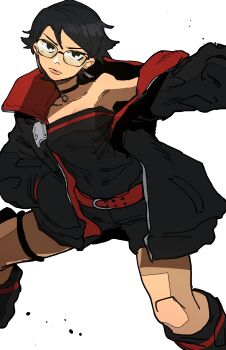 1girl absurdres black_hair black_jacket black_shirt boruto:_two_blue_vortex choker closed_mouth commentary dust earrings glasses highres isaacchief300 jacket jewelry looking_to_the_side naruto_(series) outstretched_arm shirt short_hair simple_background solo strapless thigh_strap uchiha_sarada white_background