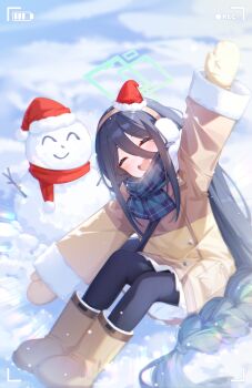 1girl absurdres akovo aqua_halo aris_(blue_archive) aris_(winter)_(blue_archive) arm_up battery_indicator black_hair black_pantyhose blue_archive blue_scarf blurry blush boots braid breath brown_boots brown_coat brown_hairband brown_mittens buttons closed_eyes coat commentary depth_of_field doodle_sensei_(blue_archive) double-parted_bangs earmuffs facing_viewer full_body fur-trimmed_coat fur-trimmed_sleeves fur_trim glint hair_between_eyes hairband halo hat highres knees_up long_bangs long_hair long_hair_between_eyes long_sidelocks long_sleeves low-braided_long_hair low-tied_long_hair making-of_available mini_hat mini_santa_hat mittens official_alternate_costume official_alternate_hairstyle on_ground open_mouth outdoors outstretched_arms pantyhose plaid_clothes plaid_scarf pleated_skirt pocket rectangular_halo red_hat red_scarf santa_hat scarf sensei_(blue_archive) sidelocks sitting skirt smile snow snowing snowman solo spread_arms teeth upper_teeth_only very_long_hair viewfinder white_skirt winter winter_clothes winter_coat