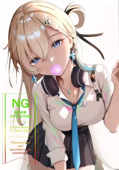 1girl absurdres black_skirt blonde_hair blowing_bubble_gum blue_eyes blue_necktie breasts chewing_gum cleavage commentary_request earrings hair_between_eyes hair_ornament hand_up headphones headphones_around_neck highres jewelry long_hair looking_at_viewer lynae_(wuthering_waves) makaroni_(arknights4649) medium_breasts multicolored_hair necktie shirt skirt skull_hair_ornament solo star_(symbol) star_earrings streaked_hair white_shirt wuthering_waves