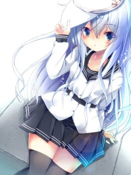 1girl belt black_belt black_sailor_collar black_skirt black_thighhighs blue_eyes blue_hair commentary_request feet_out_of_frame flat_cap from_above hammer_and_sickle hat hibiki_(kancolle) highres kamiya_yuuji kantai_collection long_hair looking_at_viewer sailor_collar shirt skirt solo thighhighs verniy_(kancolle) white_hat white_shirt