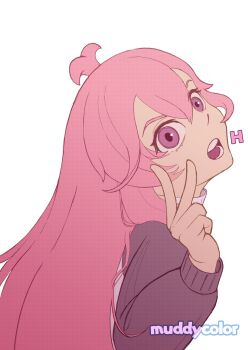 1girl absurdres antenna_hair flat_color h_(letter) highres long_hair looking_at_viewer mumble_(shachimu) open_mouth original pastel_colors pink_eyes pink_hair shaft_look simple_background solo sweater turtleneck turtleneck_sweater v watermark white_background