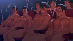 6+boys cum cum_on_body everyone gooning group_masturbation group_sex handjob looking_at_another looking_at_penis looking_up male_focus masturbating_while_watching masturbation movie_theater multiple_boys no_pants non-web_source orgy public_indecency sitting watching zhadoiz