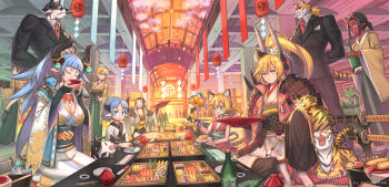 >_< 2boys 6+girls :d animal_ears artist_name black_hair black_pants black_suit blonde_hair blue_eyes blue_hair blunt_bangs blush bottle breasts brown_eyes cigar cleavage closed_eyes closed_mouth collarbone collared_shirt commentary_request cow_boy cow_ears cow_girl cow_horns eyeshadow formal_clothes frog_boy furry furry_male high_ponytail highres horns indoors lantern large_breasts long_sleeves looking_at_another makeup multiple_boys multiple_girls nagi_itsuki necktie oni open_mouth orange_hair original pants paper_lantern parted_lips pointy_ears ponytail red_eyeshadow red_necktie round_eyewear scenery seiza sheath sheathed shirt short_hair short_ponytail short_twintails sitting skylight smile smoking socks suit sunglasses sweatdrop sword tail tiger tiger_boy tiger_ears tiger_girl tiger_tail triangle_mouth twintails weapon white_shirt white_socks window xd