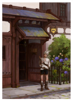 Rule 34 | 1boy, belt, black boots, black shorts, boots, border, bracer, brown belt, closed eyes, closed mouth, commentary request, door, fence, flower, hanging light, iron fence, kneehighs, male focus, mogoshin, original, outdoors, pavement, purple flower, road, shirt, short hair, shorts, socks, solo, standing, three-quarter sleeves, tree, white border, white flower, white hair, white shirt, white socks, wide shot, window