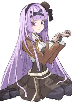 1girl adjusting_clothes adjusting_gloves aiguillette assault_lily belt black_hairband black_hat black_pantyhose black_ribbon black_shoes blunt_bangs brown_dress brown_gloves closed_mouth commentary cropped_jacket dress frilled_shirt_collar frilled_sleeves frills gloves hairband hands_up hat hat_ribbon highres knees_out_of_frame layered_sleeves light_blush long_hair long_sleeves looking_at_viewer looking_to_the_side mary_janes mini_hat mini_top_hat o-ring o-ring_belt pantyhose purple_eyes purple_hair ribbon school_uniform shirt shoes sidelocks simple_background sitting solo strapless strapless_dress tilted_headwear top_hat tsuzuki_hisui very_long_hair wariza washi-san white_background white_belt white_shirt