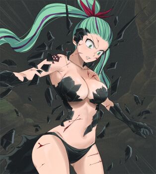1girl armor breasts broken_armor commentary ennie_signario fairy_tail gaston18 green_eyes green_hair highres large_breasts long_hair scratches shoulder_tattoo solo symbol-only_commentary tattoo twintails