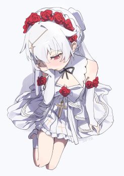 1girl absurdres artist_name bridal_veil closed_mouth commentary_request dress flower full_body highres honkai_(series) honkai_impact_3rd red_eyes red_flower red_rose rose solo theresa_apocalypse theresa_apocalypse_(luna_kindred) theresa_apocalypse_(rosy_bridesmaid)_(luna_kindred) uehara_suiyo veil wedding_dress white_background white_dress white_hair white_sleeves