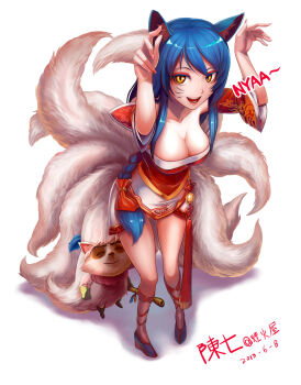 1girl ahri_(league_of_legends) animal_ears blue_hair boots braid breasts chan_qi_(fireworkhouse) chanseven cleavage dated fox_ears fox_tail highres large_breasts league_of_legends legs long_hair looking_at_viewer multiple_tails nyan paw_pose shadow signature simple_background single_braid smile tail teemo very_long_hair white_background yellow_eyes