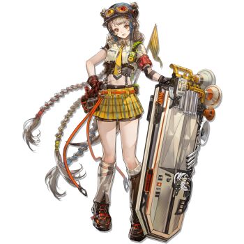 1girl arknights arm_strap armband artist_request asymmetrical_gloves asymmetrical_legwear asymmetrical_sleeves aviator_cap aviator_goggles badge belt belt_pouch black_boots black_gloves black_shorts blonde_hair blue_hat boots braid broken_goggles button_badge cairn_(arknights) climbing_rope collared_shirt cropped_shirt detached_pants double_bun elbow_pads fangs flag full_body gloves goggles goggles_on_headwear hair_bun hand_on_own_hip hat highres holding holding_shield long_hair looking_at_viewer meerkat_ears meerkat_girl meerkat_tail megaphone miniskirt mismatched_gloves mismatched_legwear multiple_braids navel necktie official_art open_mouth orange_belt orange_eyes orange_rope pleated_skirt pouch red_armband red_gloves ribbed_socks rope rope_belt scar_on_hip scout_uniform shield shirt shorts shorts_under_skirt simple_background single_elbow_pad single_sock skirt smile socks solo suspender_shorts suspenders third-party_source torn_clothes torn_shirt transparent_background uneven_sleeves very_long_hair walkie-talkie white_shirt white_socks yellow_necktie yellow_skirt