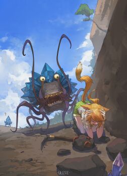 Rule 34 | 1girl, 2others, ?, absurdres, animal ears, artist name, bare legs, blue sky, boots, cat ears, cat girl, cat tail, chinese commentary, closed eyes, cloud, commentary, cowering, creature request, final fantasy, final fantasy xiv, gloves, green shoes, green shorts, highres, mining, miqo'te, monster, multiple others, open mouth, orange hair, original, outdoors, pickaxe, rock, saliva, scared, shirt, shoes, short sleeves, shorts, sky, tail, tentacles, tree, warrior of light (ff14), white gloves, white shirt, yuzaiii