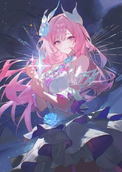 Rule 34 | 1girl, bare shoulders, breasts, closed mouth, cyrene (demiurge) (honkai: star rail), cyrene (honkai: star rail), detached sleeves, dress, flower, hair flower, hair ornament, hands up, highres, honkai: star rail, honkai (series), long hair, looking at viewer, pink hair, pray (furei), purple eyes, short sleeves, smile, solo, very long hair, white dress