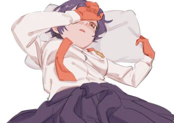 Rule 34 | 1girl, 74hungry, black hair, black pants, blush, clothes around waist, gloves, highres, izumo fuuko, long sleeves, lying, necktie, on back, one eye covered, pants, pillow, red eyes, red gloves, red necktie, shirt, short hair, simple background, undead unluck, union emblem (undead unluck), white shirt