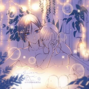 Rule 34 | 1boy, 1girl, bare shoulders, bath, bathtub, behind another, blowing bubbles, blunt ends, breasts, bubble, bubble bath, bubble pipe, candle, candlelight, choppy bangs, cleavage, closed mouth, collarbone, commentary request, couple, cursive, diffraction spikes, faceless, faceless female, fingernails, genshin impact, hair bun, hand up, hetero, keke xxxx, leaf, monochrome, nude, oc x canon, original, pectorals, plant, purple eyes, scaramouche (genshin impact), shared bathing, sidelocks, signature, single hair bun, smile, soap bottle, split mouth, tassel, tile wall, tiles, twitter username, watermark, wispy bangs