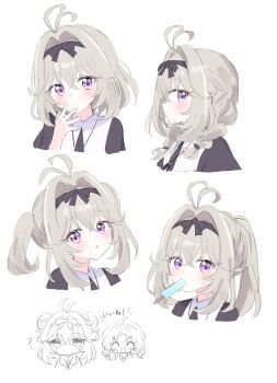 Rule 34 | 2girls, :o, alternate hairstyle, antenna hair, black ribbon, blush, character request, chibi, chibi inset, commentary request, cropped head, food, food in mouth, grey hair, hair intakes, hair ribbon, highres, jewelry, looking at viewer, medium hair, meitantei precure!, moria luluka, multiple girls, necklace, nyangmomil, ponytail, popsicle, popsicle in mouth, precure, purple eyes, ribbon, sidelocks, simple background, translation request, white background