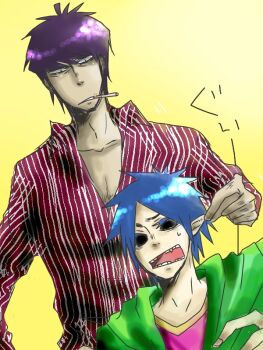 2boys 2d_(gorillaz) black_hair blue_hair fang gorillaz gradient_background multiple_boys murdoc_niccals open_mouth simple_background