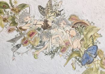 Rule 34 | 3girls, acrylic paint (medium), bare legs, barefoot, blue eyes, bug, butterfly, closed mouth, commentary request, flower, fork, full body, grey hair, hair between eyes, highres, insect, karintoun, lying, multiple girls, original, painting (medium), plant, plate, shirt, short hair, simple background, smile, surreal, traditional media, watercolor (medium), white background, white shirt