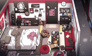 absurdly_detailed_composition absurdres arknights bag bean_bag_chair bed bottle box bra brown_bag bulletin_board can cardboard_box character_doll chest_of_drawers chips_(food) clock couch cushion dartboard doll door doorway drinking_straw electrical_outlet emperor_(arknights) exusiai_(arknights) food hallway handbag highres kataokasan kettle loaded_interior nintendo_switch nintendo_switch_pro_controller no_humans panties penguin_logistics_logo phonograph pink_bra pink_panties pink_sweater pitcher_(container) pizza_box potato_chips scroll snack speaker stuffed_animal stuffed_penguin stuffed_rabbit stuffed_toy sweater texas_(arknights) thermos trash_can underwear unworn_bra unworn_panties unworn_sweater vinyl_record wall_clock window window_blinds wire