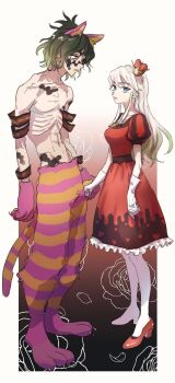 alice&#039;s_adventures_in_wonderland animal_ears armband brother_and_sister cat_ears cat_tail cheshire_cat_(alice_in_wonderland) cheshire_cat_(alice_in_wonderland)_(cosplay) colored_tips cosplay crown daki_(kimetsu_no_yaiba) dress facial_mark fake_tail floral_background flower from_side full_body gloves gradient_background green_hair gyuutarou_(kimetsu_no_yaiba) high_heels highres holding_hands long_hair looking_at_another looking_at_viewer looking_away mini_crown multicolored_hair osushitabetayi pants petals pink_gloves puffy_short_sleeves puffy_sleeves queen_of_hearts_(alice_in_wonderland) queen_of_hearts_(alice_in_wonderland)_(cosplay) red_dress red_footwear ribs rose short_sleeves siblings sideways_glance skinny streaked_hair striped_clothes striped_pants tail topless_male white_background white_gloves white_hair
