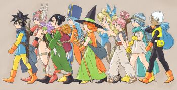 1boy 6+girls animal_ear_hairband animal_ears aqua_cloak armor arms_behind_back baggy_pants black_bodysuit black_footwear black_hair blonde_hair blue_bow blue_bowtie blue_gemstone blue_hair blue_leotard blunt_bangs blunt_ends bodysuit boots bow bowtie breasts circle cleavage clenched_hands cloak cropped_vest curly_hair dark-skinned_female dark_skin detached_collar dragon_quest dragon_quest_iii dress earrings eating fake_animal_ears food fruit full_body furrowed_brow gadabout_(dq3) gem gloves green_robe grey_background grey_dress grey_pantyhose grey_vest hair_bobbles hair_ornament hair_tie hairband hat helmet hero_(dq3) high_heels high_ponytail highres holding holding_food holding_fruit holding_sack jewelry leotard long_hair mage_(dq3) martial_artist_(dq3) merchant_(dq3) multiple_girls orange_boots orange_cloak orange_gloves orange_hair pants pantyhose parted_bangs parted_lips pink_hair playboy_bunny ponytail priest_(dq3) profile purple_hair rabbit_ear_hairband rabbit_ears red_footwear revealing_clothes robe sack sage_(dq3) sandals short_hair short_twintails shoulder_armor sidelocks small_breasts smile spiked_hair strapless strapless_leotard sword thief_(dq3) toeless_footwear tunic twintails vest walking warrior_(dq3) weapon weapon_on_back white_hair winged_helmet witch_hat yellow_gloves yuto_sakurai