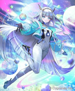 1girl black_gloves blue_jacket bodysuit breasts commentary_request covered_navel eudie_(shadowverse) gloves high_heels highres jacket long_hair long_sleeves looking_at_viewer official_art one_eye_closed open_clothes open_jacket open_mouth shadowverse shadowverse:_worlds_beyond small_breasts solo very_long_hair white_bodysuit white_hair