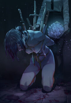2girls arms_behind_back bdsm black_choker black_hair black_necktie black_pants blood bondage bound bouquet box_tie breasts chainsaw_man choker code:074 collarbone completely_nude crotch_rope dark execution female_focus flower green_eyes guro hair_bun highres holding holding_bouquet kneeling long_hair makima_(chainsaw_man) medium_breasts multiple_girls necktie nipples nude pants restrained reze_(chainsaw_man) shibari shirt skindentation stab standing sword weapon white_shirt
