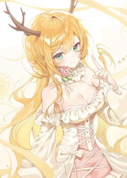 1girl antlers aqua_eyes bare_shoulders blonde_hair breasts cleavage collar commentary cowboy_shot deer_antlers deer_girl dress floating_hair flower frilled_collar frilled_dress frills gown hand_up highres horns index_finger_raised large_breasts limu838 long_hair long_sleeves looking_at_viewer off-shoulder_dress off_shoulder original puffy_long_sleeves puffy_sleeves simple_background smile solo white_background white_dress